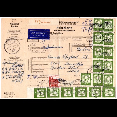 BRD 1966, 17x2 M.+20 Pf. auf Luftpost Paketkarte v. Mainz n. USA.Hohe Frankatur!