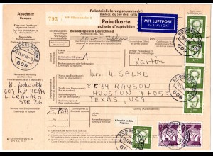 BRD 1966, 7x2 M. Mischfrankatur auf Luftpost Paketkarte v. Rüsselsheim n. USA.