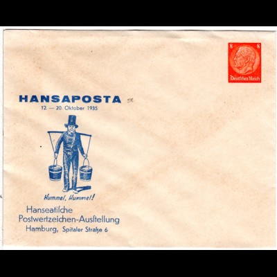DR 1935, ungeb. 8 Pf. Privat Ganzsache Hansaposta Briefmarkenausstellung Hamburg