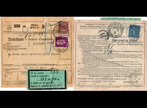 DR 1931, 40+100 Pf. auf Paketkarte v. Altona m. rücks. Frankreich 1 Fr. Semeuse