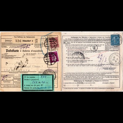 DR 1931, 40+100 Pf. auf Paketkarte v. Düsseldorf m. rs. Frankreich 1 Fr. Semeuse