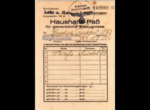 DR 1944, Haushalts-Pass des Amtes Lohr a. Main f. ....in Bergrothenfels