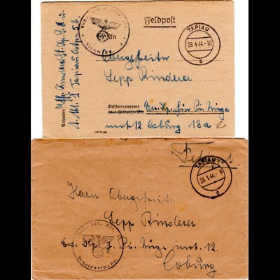 DR 1944, 2 Ostpreussen Feldpost Briefe m. Stpl. TAPIAU