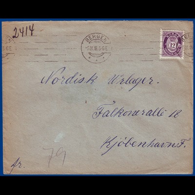 Norwegen 1918, Bergen, EF 12 öre auf Brief n. Dänemark. #S817
