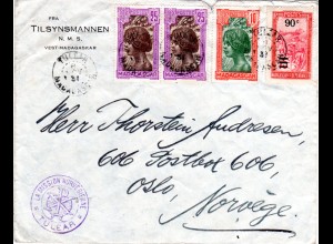 Madagascar 1931, 4 Marken auf Brief der Norwegen Mission Tulear n. Oslo