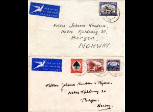 Südafrika 1953, 2 Luftpost Briefe v. Izotsha u. Johannesburg n. Norwegen. 