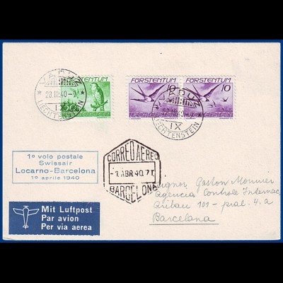 Liechtenstein 1940, Zuleitung zum Swissair Erstflug Brief Locarno Barcelona#S725