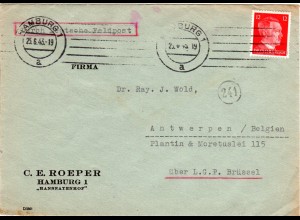 DR 1943, Europaporto 12 Pf. auf Brief v. Hamburg "Durch Dt. Feldpost" n. Belgien
