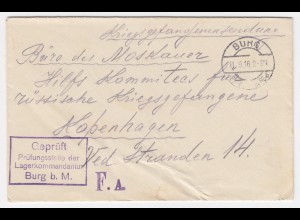 DR 1916, Burg b. Magdeburg, Offiziers KGF POW Zensur Brief n. Dänemark. #751