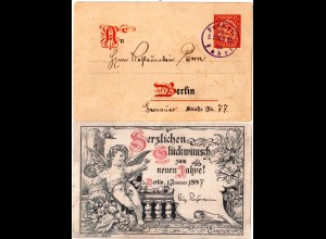 DR 1886, Private Stadtpost Berlin, sauber gebr. 2 Pf. Packetfahrt Neujahrs-Karte