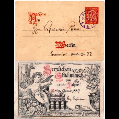 DR 1886, Private Stadtpost Berlin, sauber gebr. 2 Pf. Packetfahrt Neujahrs-Karte