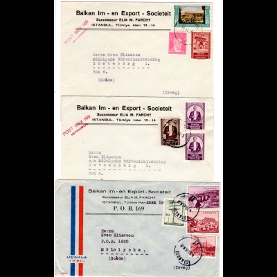 Türkei 1952/60, 3 Firmen Briefe m. versch. Frankaturen v. Istanbul n. Schweden