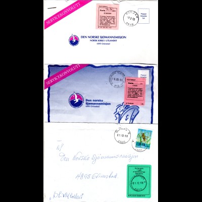 Norwegen 1996/98, 3 Firmen Briefe m. versch. Porto-Etiketten