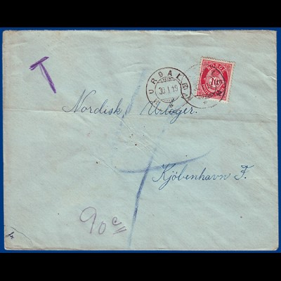 Norwegen 1919, Hurdalen (Akh), "T" Porto Brief nach Dänemark. #S804