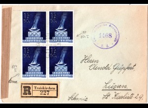 Österreich 1949, 4er-Block 1 S. Olympiade auf Reko Zensurbrief v. Traiskirchen