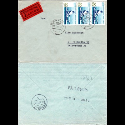 DDR 1969, MeF 3x20 Pf. Rudern auf Eilboten Brief v. Berlin 104. Mit ROHRPOST
