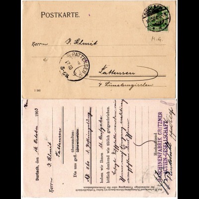 DR 1903, 5 Pf. Germania m. perfin Firmenlochung auf Karte v. Durlach n Pattensen