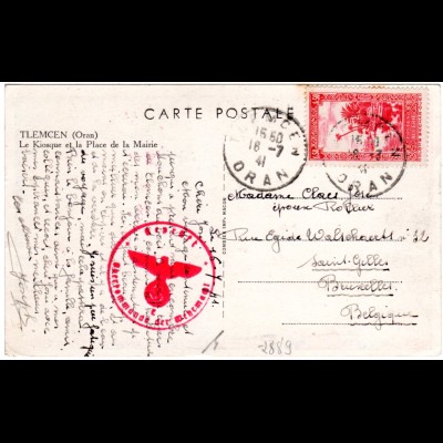 Algerien 1941, 1,50 Fr. auf Farb-AK v. Tlemcen Oran n. Belgien m. dt. OKW Zensur