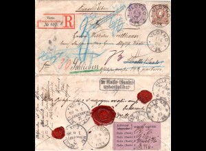 DR 1889, 5+25 Pf. auf Einschreiben-Retour Brief Vlotho-Halle-Schlieben