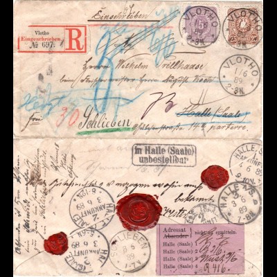 DR 1889, 5+25 Pf. auf Einschreiben-Retour Brief Vlotho-Halle-Schlieben