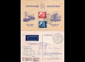 DDR 1954, Leipziger Messe Sonderkarte m. beiden Marken u. per Luftpost n. NL