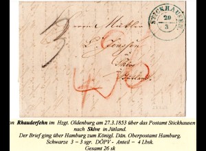 Hannover 1853, K2 STICKHAUSEN auf Porto Brief v. Rhauderfehn n. Jütland Dänemark