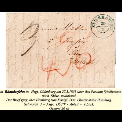 Hannover 1853, K2 STICKHAUSEN auf Porto Brief v. Rhauderfehn n. Jütland Dänemark