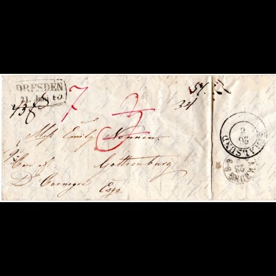 Sachsen 1845, R2 Dresden auf Porto Brief via Hamburg u. Stralsund n. Schweden.
