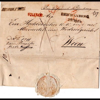 Österreich 1841, L2 Reichenberg u. L1 RECOMMANDIRT auf Franko Brief n. Wien