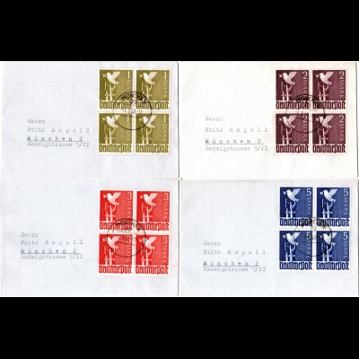 1948, alle Mark-Werte je im 4er-Block auf vier kl. Briefen v. München
