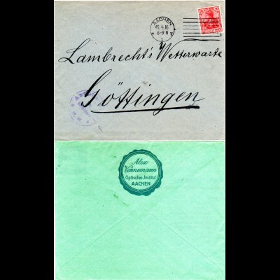 DR 1916, 10 Pf. Germania auf Firmen Brief m. Aachen Zensur n. Göttingen