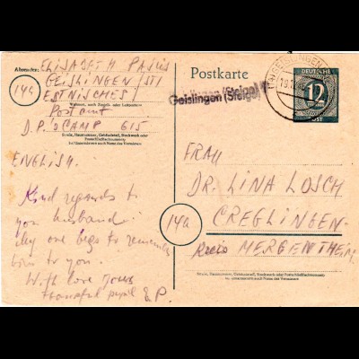 1946, L1 Geislingen (Steige) auf Displaced Persons Mail Ganzsache aus Camp 615