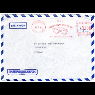 Finnland 1962, Luftpostbrief m. Werbe-Freistempel v. Helsinki m. Abb. Brille