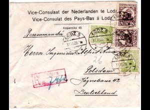 Polen 1928, 2x45+2x5 Gr. auf Reko Konsulats-Brief v. Lodz n. Deutschland