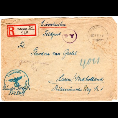 FP WK II 1943, Einscheiben Brief m. Köln Zensur v. FPNr. 23287A i.d. Niederlande