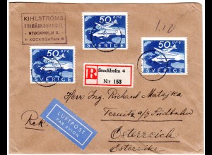 Schweden 1936, MeF 3x 50 öre Flughafen Bromma auf Luftpost R-Brief n. Österreich