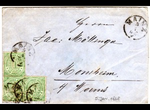 NDP 5.1.1868, 3x1 Kr. auf Brief v. Mainz n. Monsheim b. Worms.