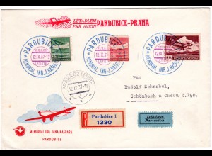 Tschechoslowakei 1937, 3+1 K.+50 H. auf Reko Erstflug Brief Pardubice-Prag