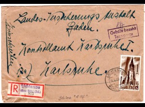 Baden 1948, 1 Mk.+Gebühr bezahlt 8 Pf. auf Einschreiben Brief v. Lichtenau