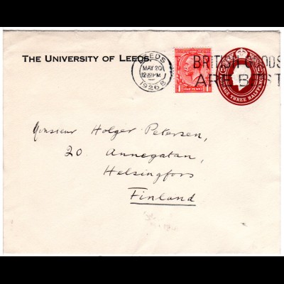 GB 1926, 1d auf 1 1/2d Ganzsache Brief The University Of Leeds n. Finnland