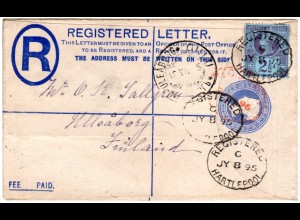 GB 1895, 2 1/2d Zusatzfr. auf 2d Reko Ga-Umschlag v. Hartlepool n. Finnland.