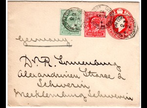 GB 1910, 1/2+1d Zusatzfr. auf 1d Ganzsache Brief v. Sutton n. Mecklenburg
