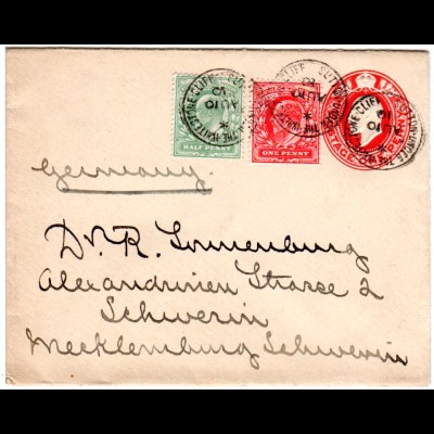 GB 1910, 1/2+1d Zusatzfr. auf 1d Ganzsache Brief v. Sutton n. Mecklenburg