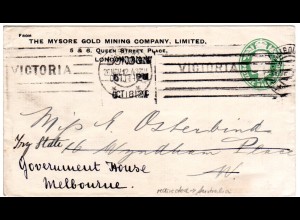 GB 1912, 1/2d Gold Mining Ganzsache Brief v. London, Nachsendung n. Australien