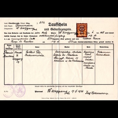 Österreich 1936, 1 S. Stempelmarke auf Taufschein v. St. Wolfgang Gmunden