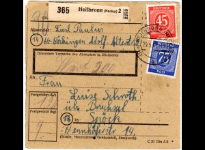 1948, 45+75 Pf. auf Wert-Paketkarte v. Heibronn-Böckingen