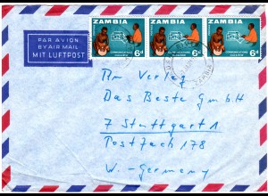 Zambia 1965, MeF 3x6d Kommunikation auf Luftpost Brief v. Mkushi n. Deutschland