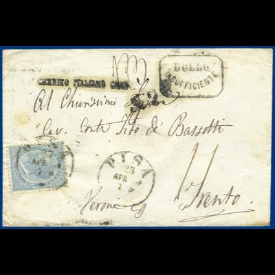 Italien 1864, unzureichend frankierter Brief v. Pisa nach Österreich. #S618