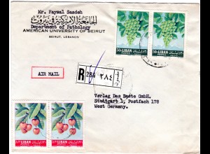 Libanon 1962, je Paar 7,50+30 P. Obst/Früchte auf Reko Luftpost Brief v. Beirut 