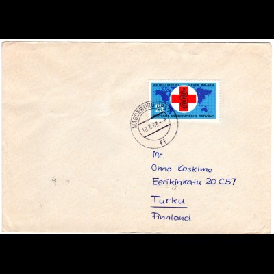DDR 1963, EF 25 Pf. Malaria/Rotes Kreuz auf Brief v. Magdeburg n. Finnland